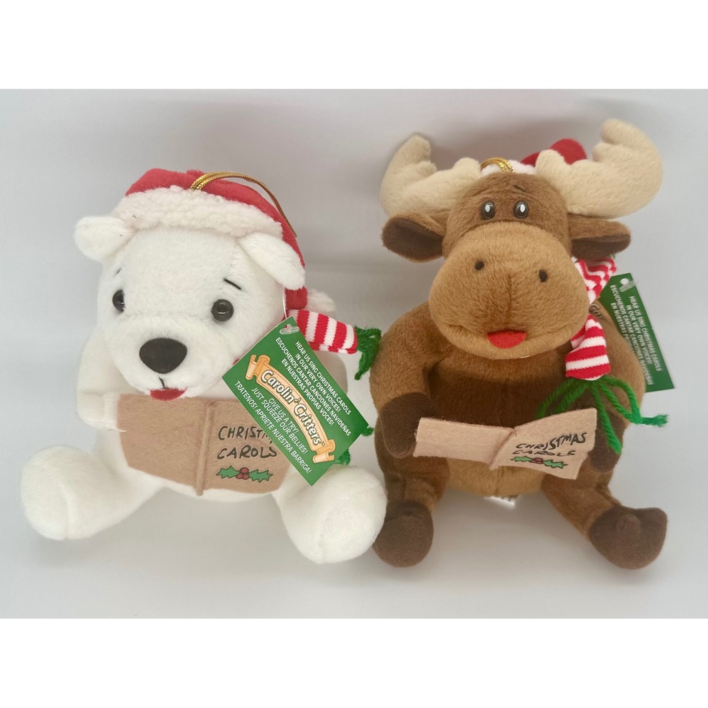 Vintage Kurt Adler Carolin Critters 6" Moose White Bear Christmas Carol No Sound